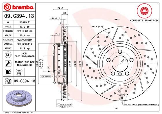BREMBO 09.C394.13 Fren Sistemleri Fren Diski - BMW 1 (F20) uyumlu