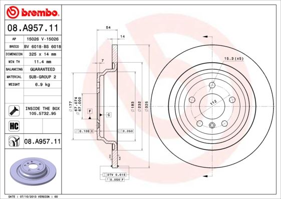 BREMBO 08.A957.11 Fren Sistemleri Fren Diski - MERCEDES-BENZ M-SERISI (W166) uyumlu