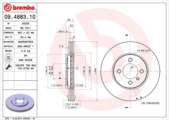 BREMBO 09.4883.10 Fren Sistemleri Fren Diski - BMW 3 (E30) uyumlu