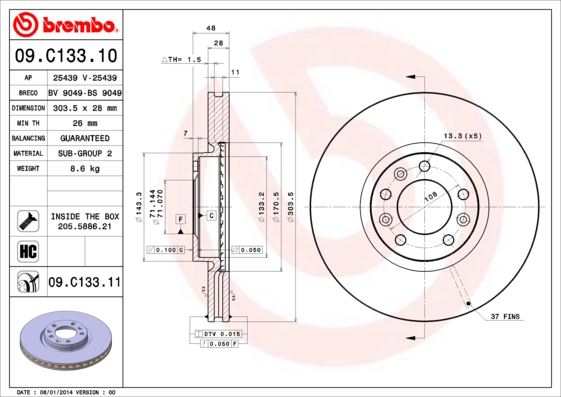 BREMBO 09.C133.11 Fren Sistemleri Fren Diski - PEUGEOT 508 I (8D_) uyumlu