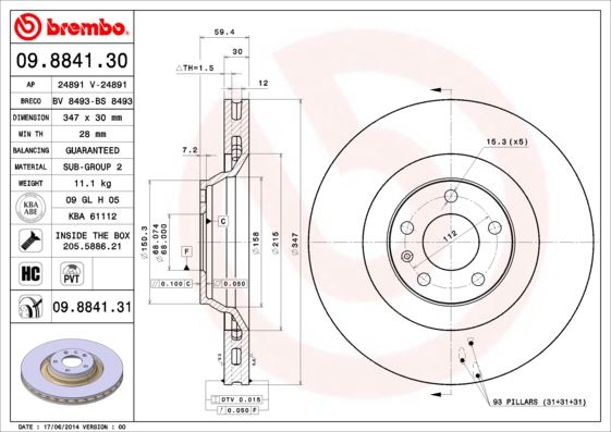 BREMBO 09.8841.31 Fren Sistemleri Fren Diski - AUDI A6 C6 (4F2) uyumlu
