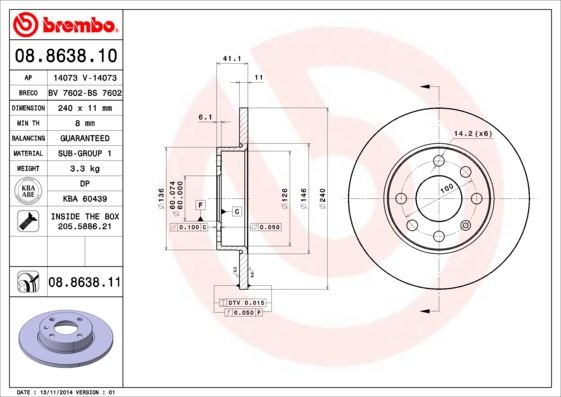 BREMBO 08.8638.10 Fren Sistemleri Fren Diski - OPEL CORSA C Kasa/eğik arka (X01) uyumlu