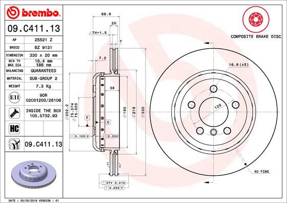 BREMBO 09.C411.13 Fren Sistemleri Fren Diski - BMW 5 (F10) uyumlu