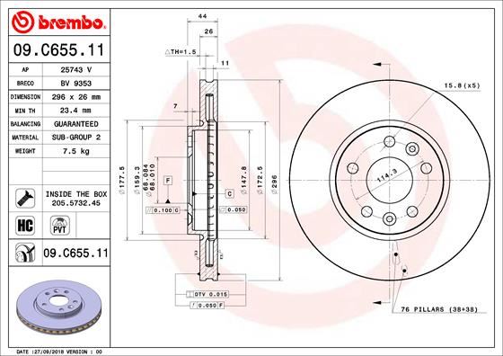 BREMBO 09.C655.11 Fren Sistemleri Fren Diski - RENAULT TALISMAN (LP_) uyumlu