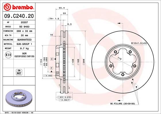 BREMBO 09.C240.20 Fren Sistemleri Fren Diski - FORD TRANSIT CUSTOM V362 Panelvan/Van (FY, FZ) uyumlu
