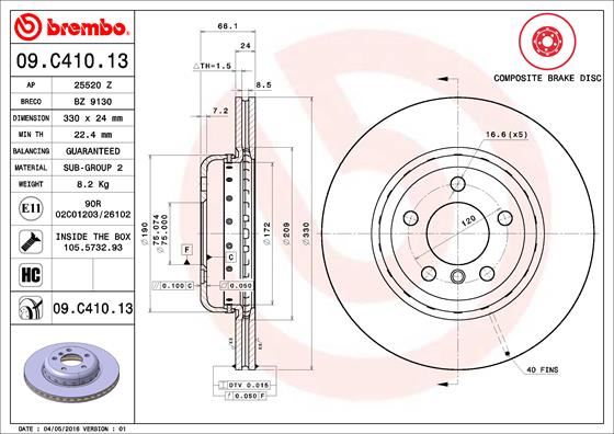 BREMBO 09.C410.13 Fren Sistemleri Fren Diski - BMW 5 (F10) uyumlu