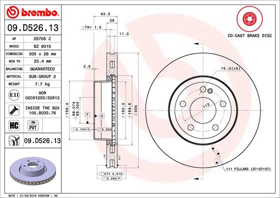 BREMBO 09.D526.13 Fren Sistemleri Fren Diski - MERCEDES-BENZ C-SERISI (W205) uyumlu