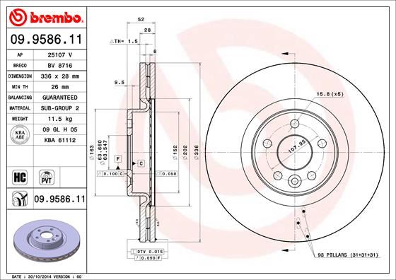 BREMBO 09.9586.11 Fren Sistemleri Fren Diski - VOLVO V60 I (155) uyumlu