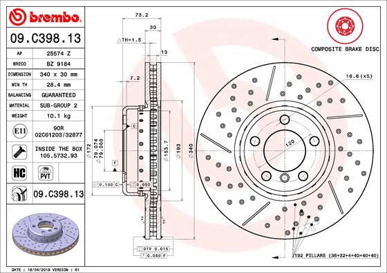 BREMBO 09.C398.13 Fren Sistemleri Fren Diski - BMW 1 (F20) uyumlu