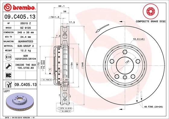BREMBO 09.C405.13 Fren Sistemleri Fren Diski - BMW 5 (F10) uyumlu