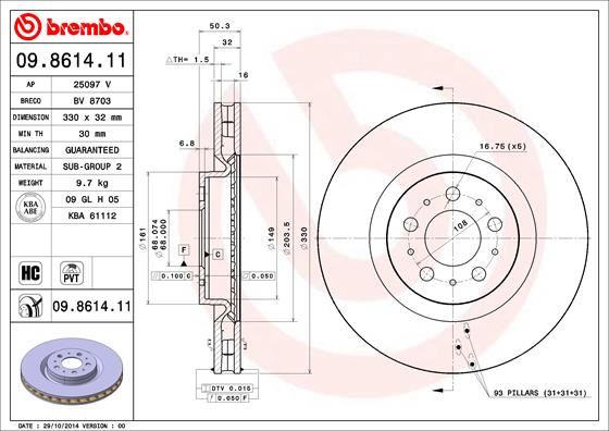 BREMBO 09.8614.11 Fren Sistemleri Fren Diski - VOLVO V70 II (285) uyumlu