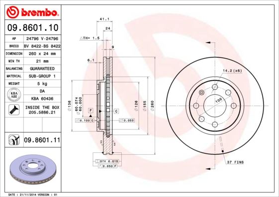BREMBO 09.8601.10 Fren Sistemleri Fren Diski - OPEL MERIVA A MPV (X03) uyumlu