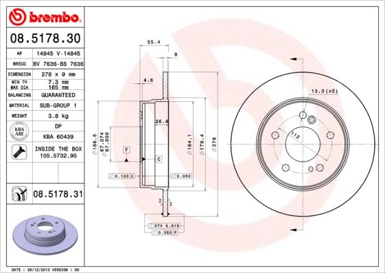 BREMBO 08.5178.30 Fren Sistemleri Fren Diski - MERCEDES-BENZ 124 T-Model (S124) uyumlu