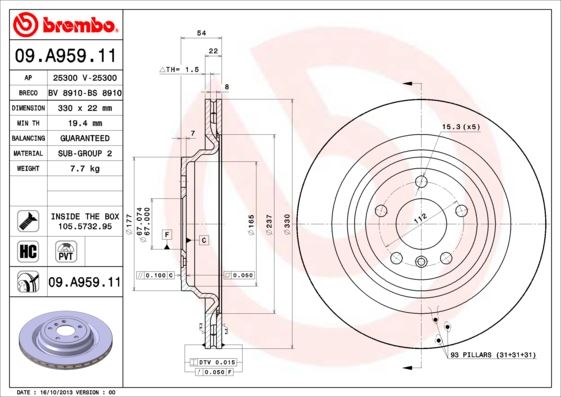 BREMBO 09.A959.11 Fren Sistemleri Fren Diski - MERCEDES-BENZ M-SERISI (W166) uyumlu