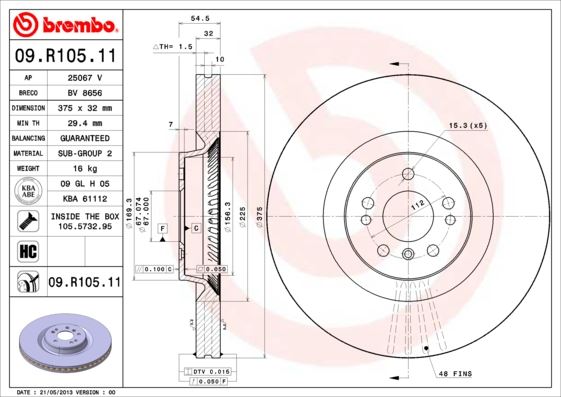 BREMBO 09.R105.11 Fren Sistemleri Fren Diski - MERCEDES-BENZ GL-SERISI (X164) uyumlu