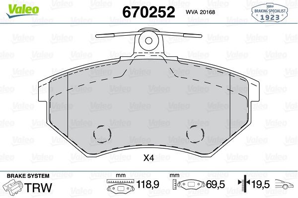VALEO 670252 Fren Sistemleri Fren Balatası - AUDI COUPE B3 (89, 8B3) uyumlu