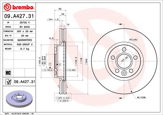 BREMBO 09.A427.31 Fren Sistemleri Fren Diski - VOLVO V60 I (155) uyumlu