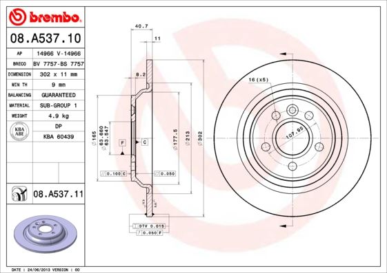 BREMBO 08.A537.11 Fren Sistemleri Fren Diski - VOLVO V60 I (155) uyumlu