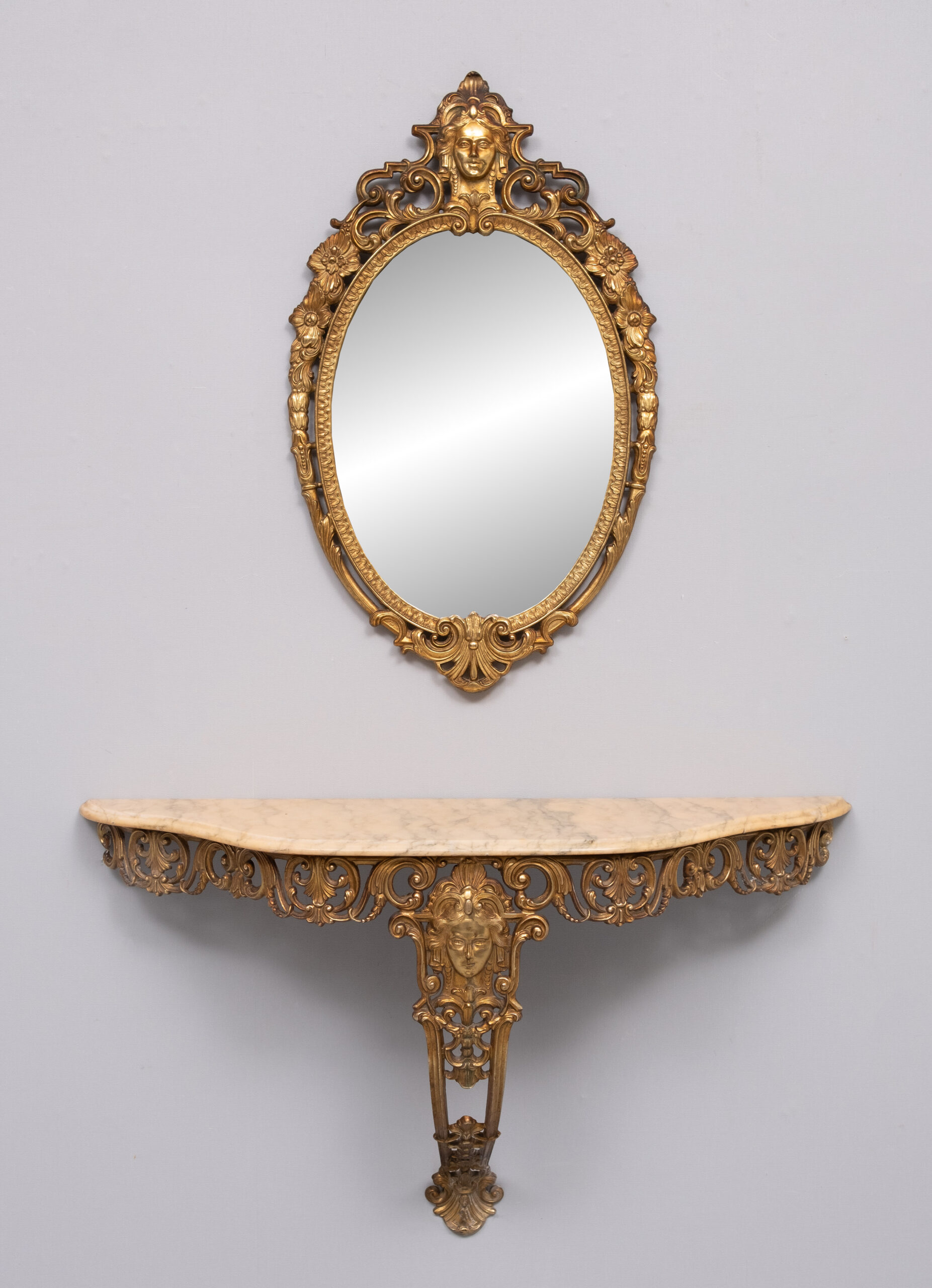 Gilded Brass Console with Oval Mirror