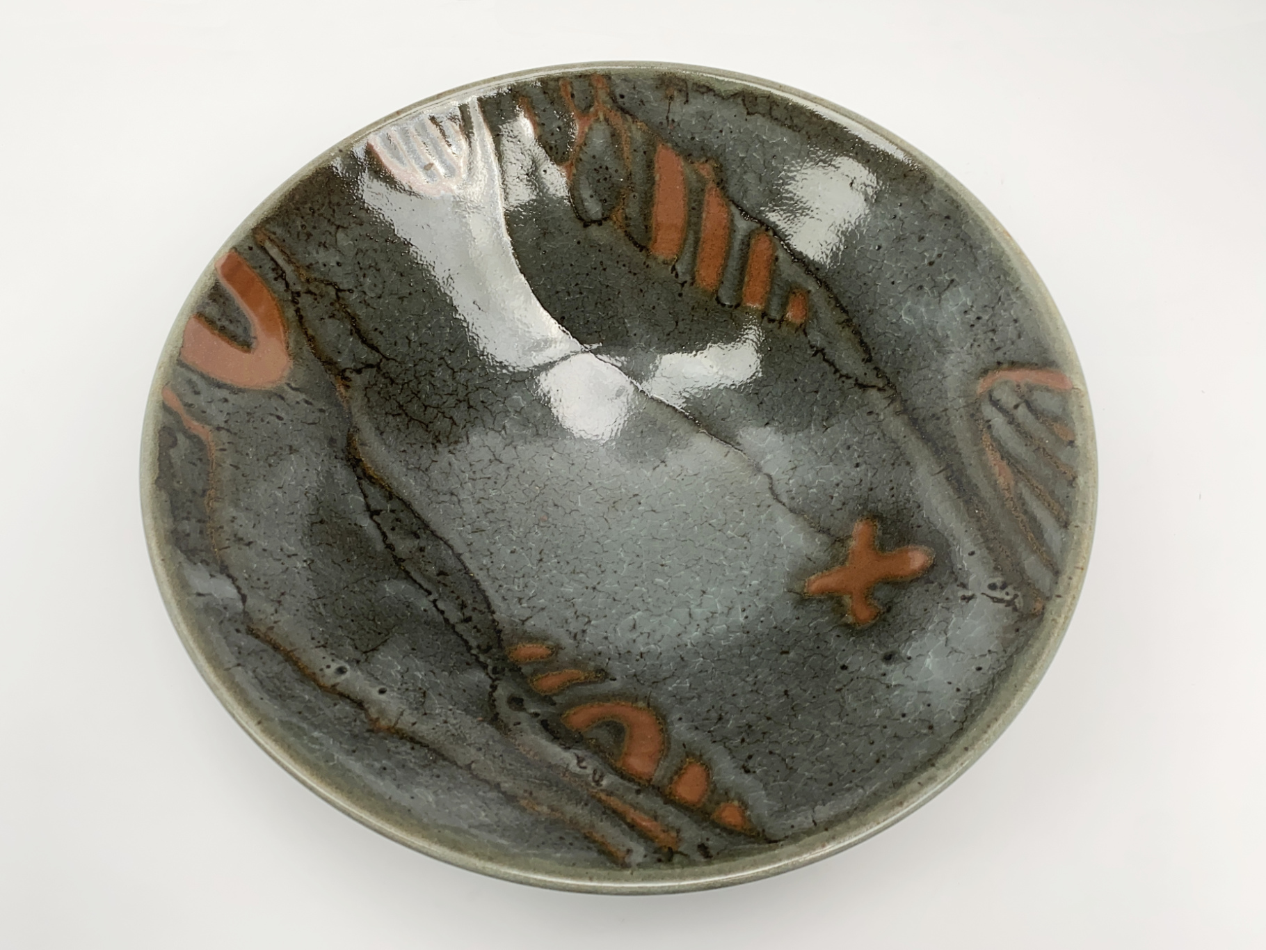 Large Bowl, Ceramic, Stoneware, Unique Piece, abstract Composition, Wax Painting, Iron Glaze, transparent Glaze, by Wilhelm & Elly Kuch, 1980s