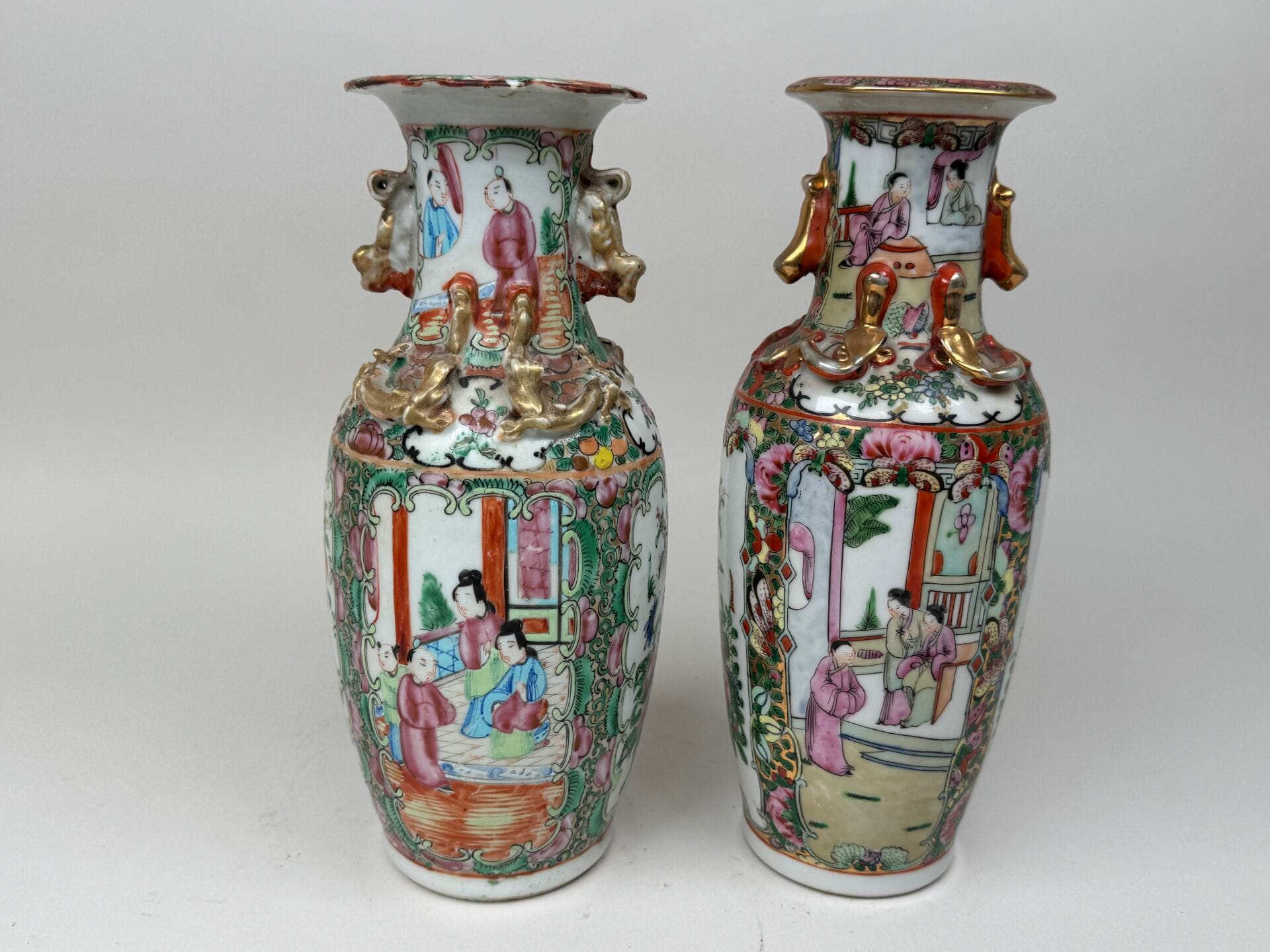 Pair of Canton Polychrome Porcelain Vases