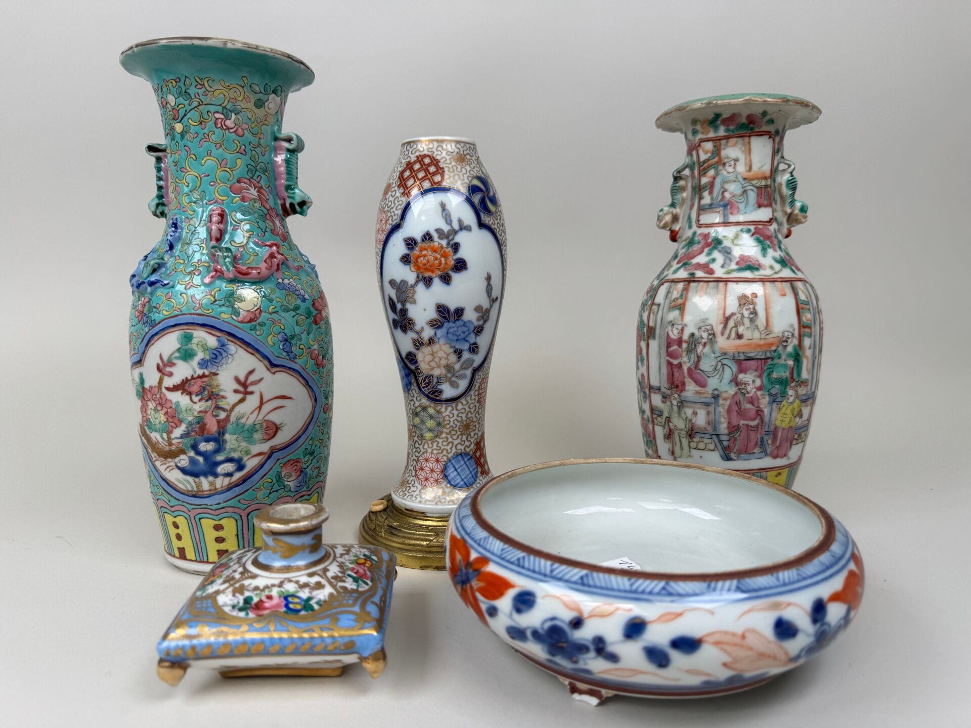 Polychrome Porcelain Vases and Lamp Base