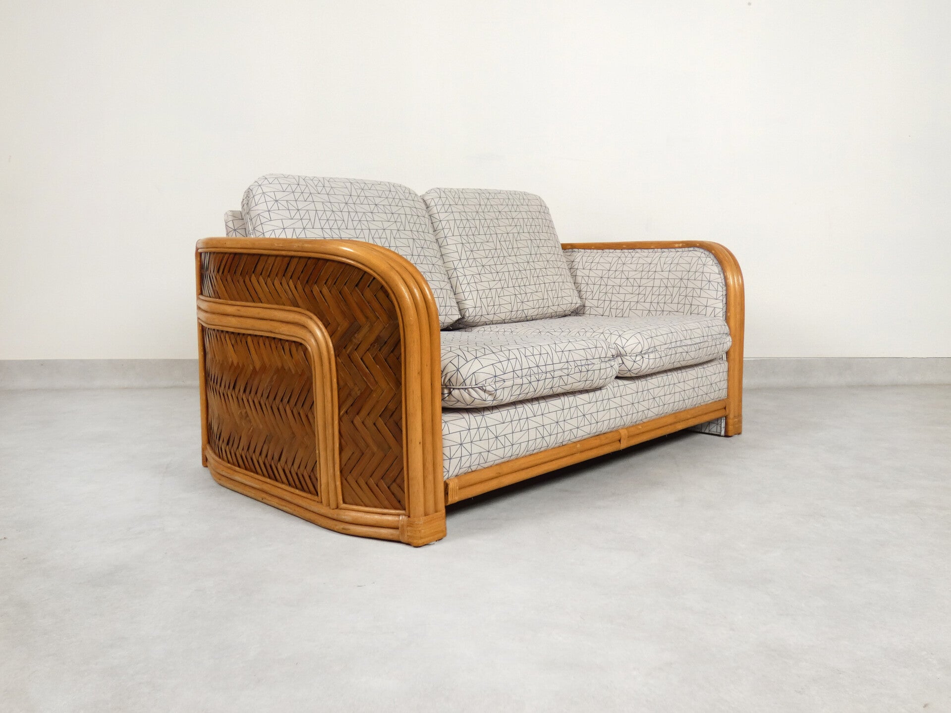 Bamboo and Rattan Sofa with Graphic Fabric