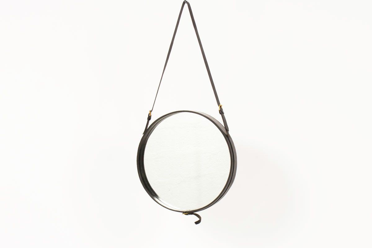 Jacques Adnet round leather mirror