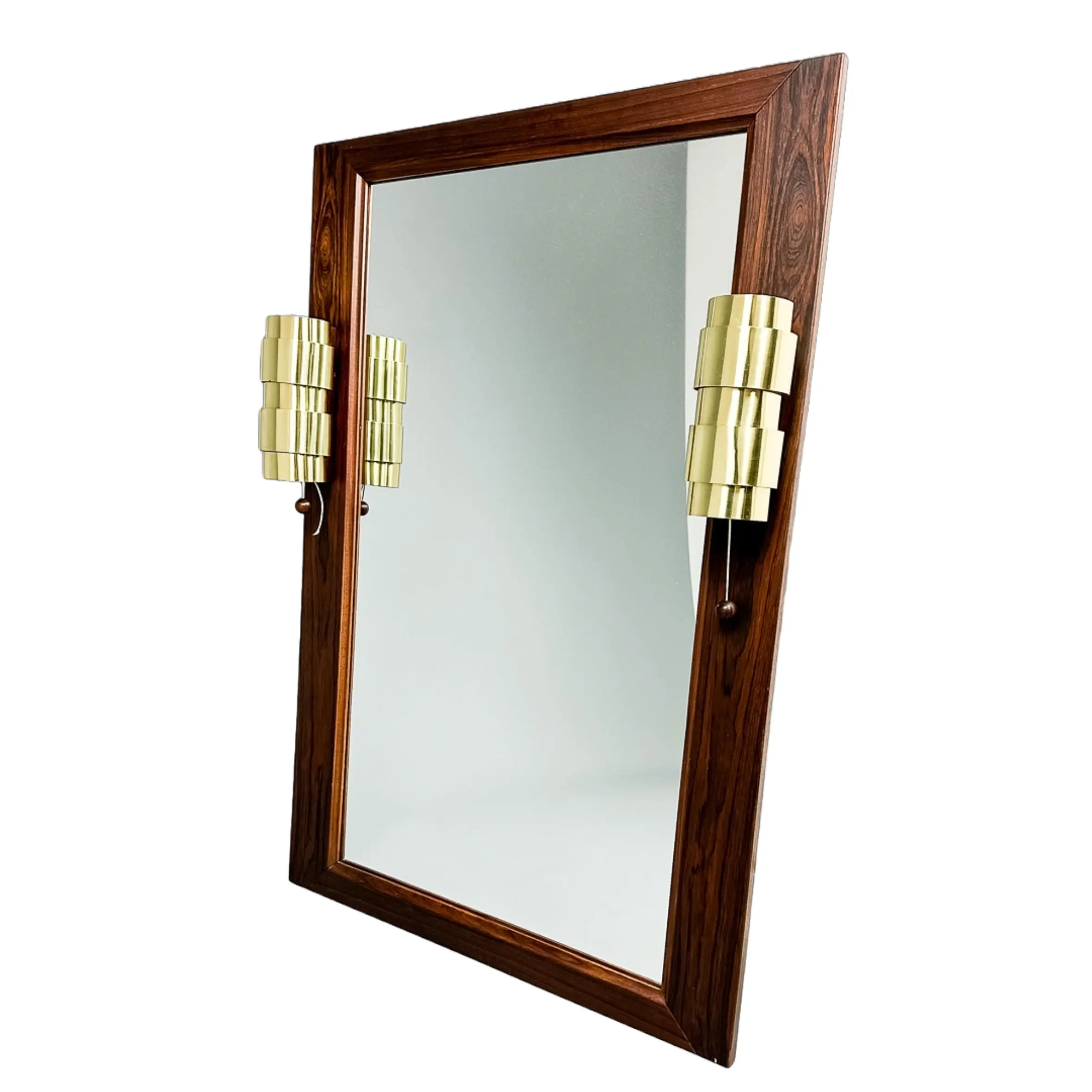 Teak Mirror with Brass Sconces
