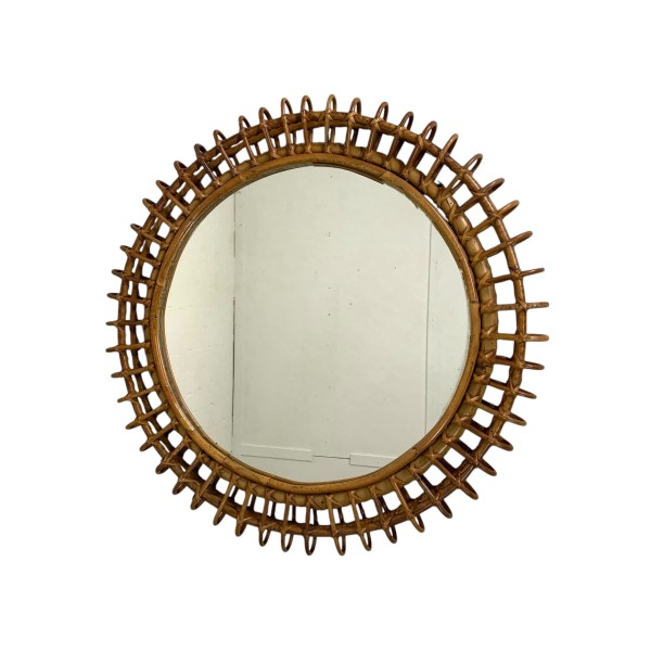 Round Vintage Mirror with Bamboo Frame