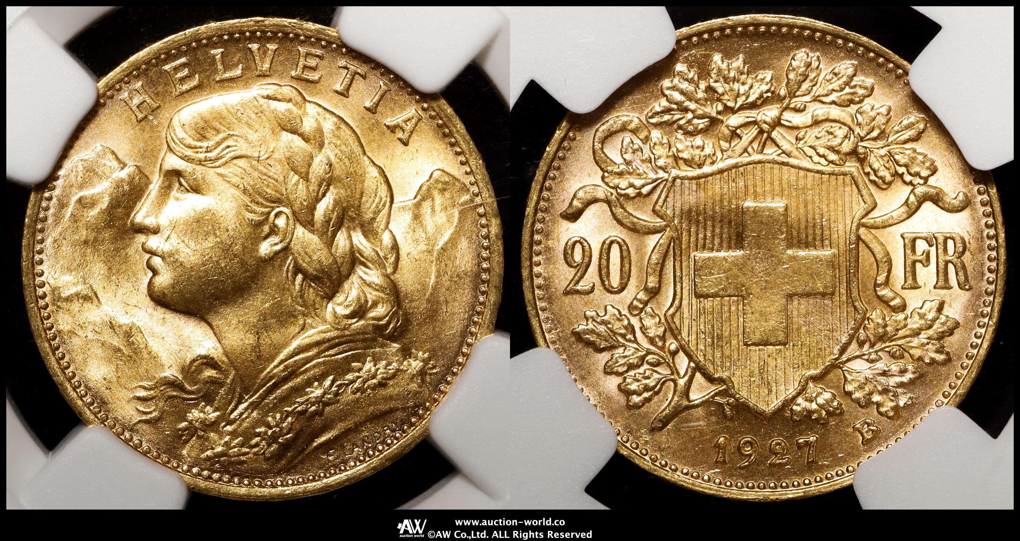 SWITZERLAND Confederation 20 Francs 1927B NGC-MS64 UNC+
