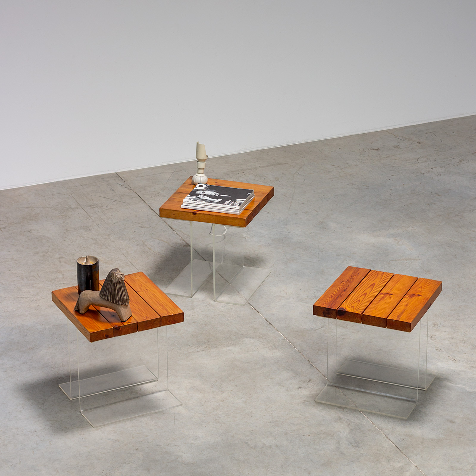 Set of Three Plexiglas and Elm Side Tables