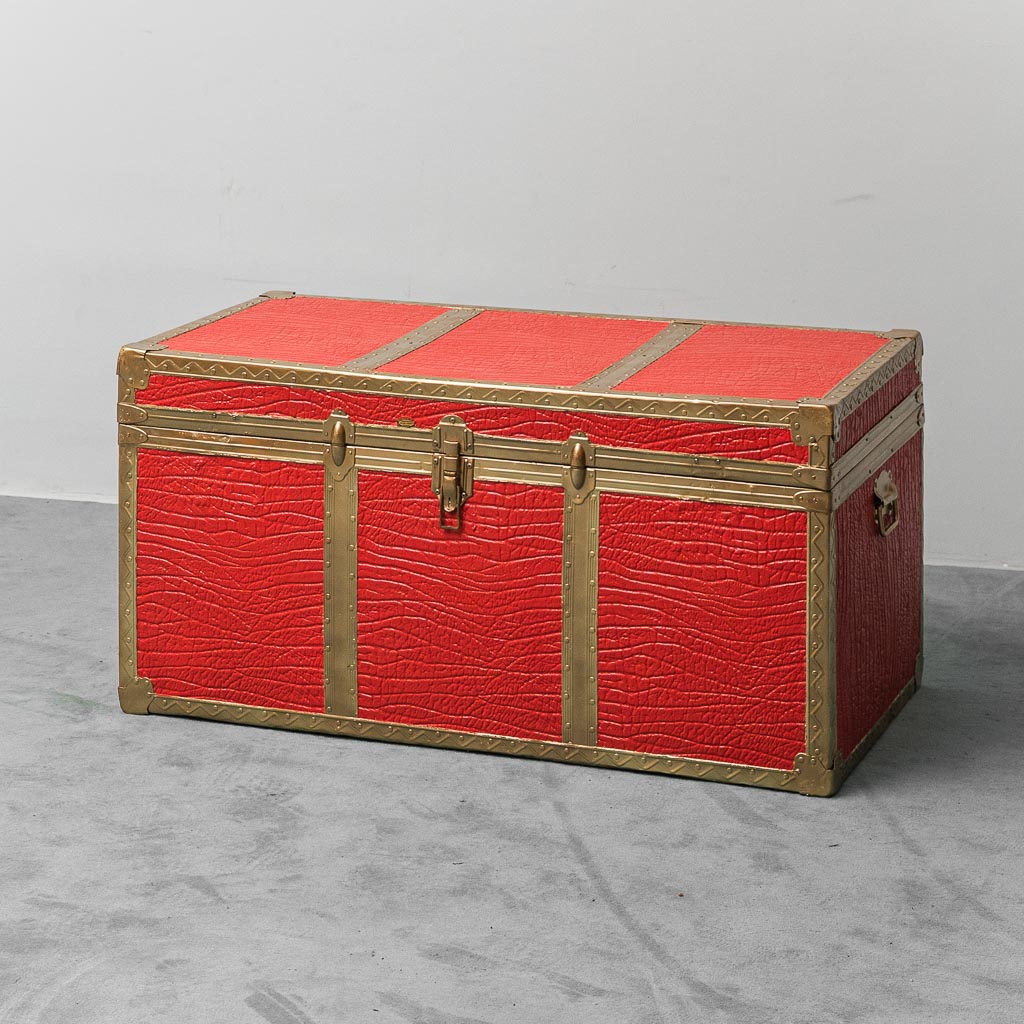 Vintage Metal Trunk with Red Leather
