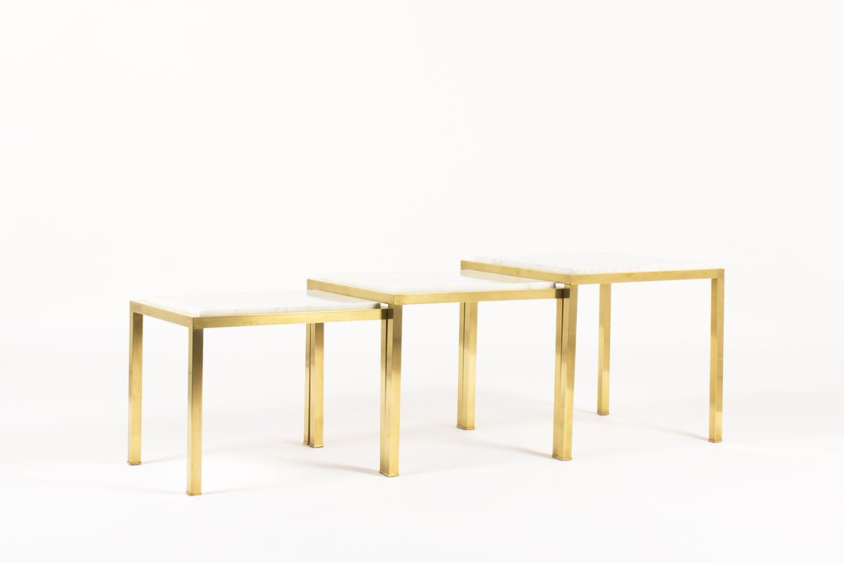 Set of 3 Brass Carrara Marble Nesting Tables