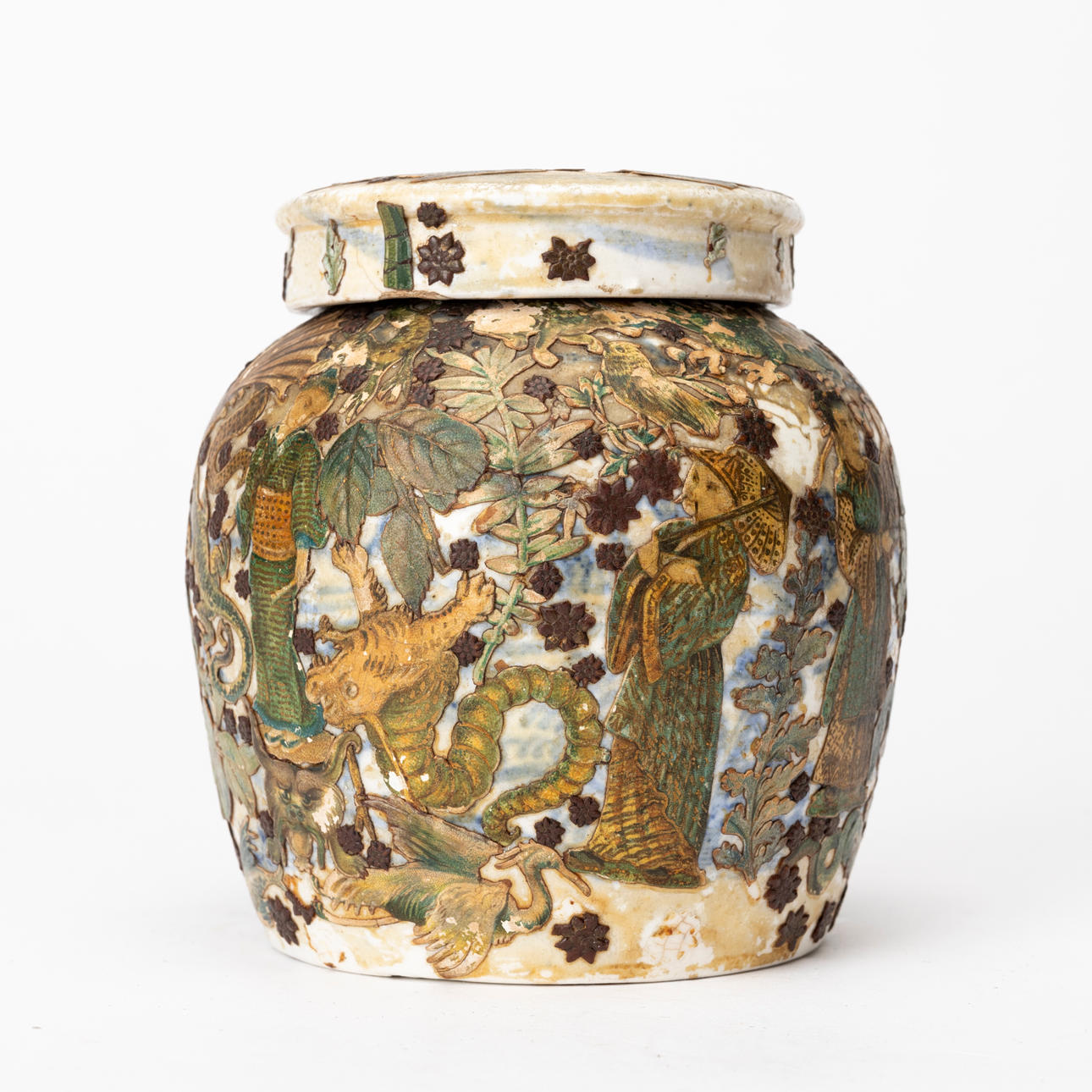 Covered Stoneware Jar with German Decoration