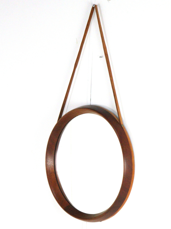 Round teak mirror with leather strap