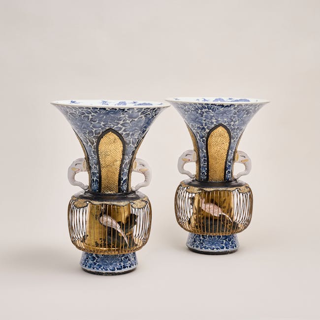 Pair of Japanese Arita Birdcage Vases