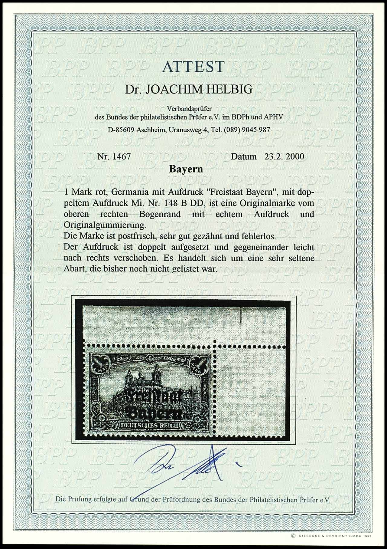 1 Mark Germania with "Freistaat Bayern" Overprint
