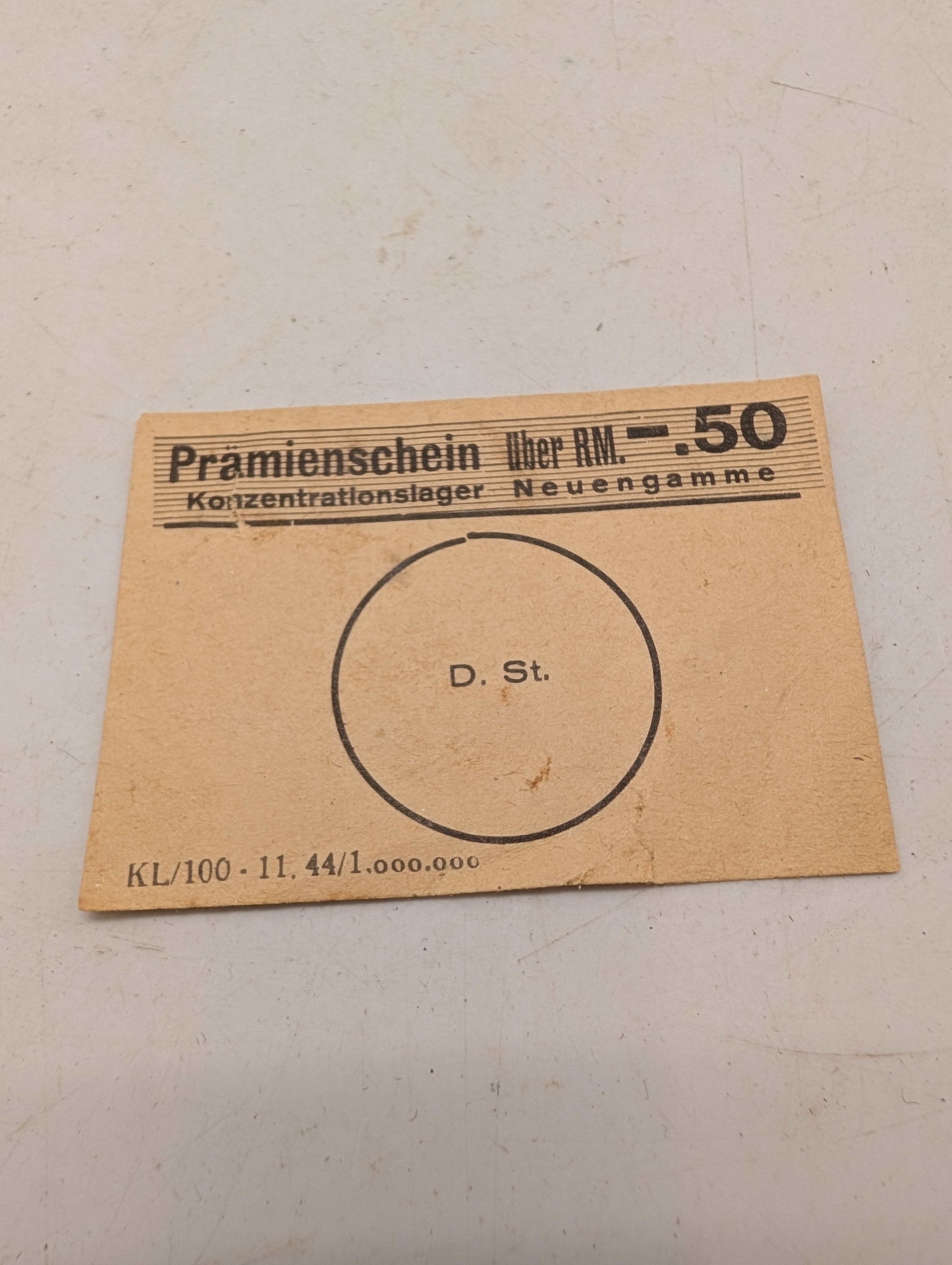 Prämienschein fra Koncentrationslejren Neuengamme, RM 0,50, Ekstremt sjælden