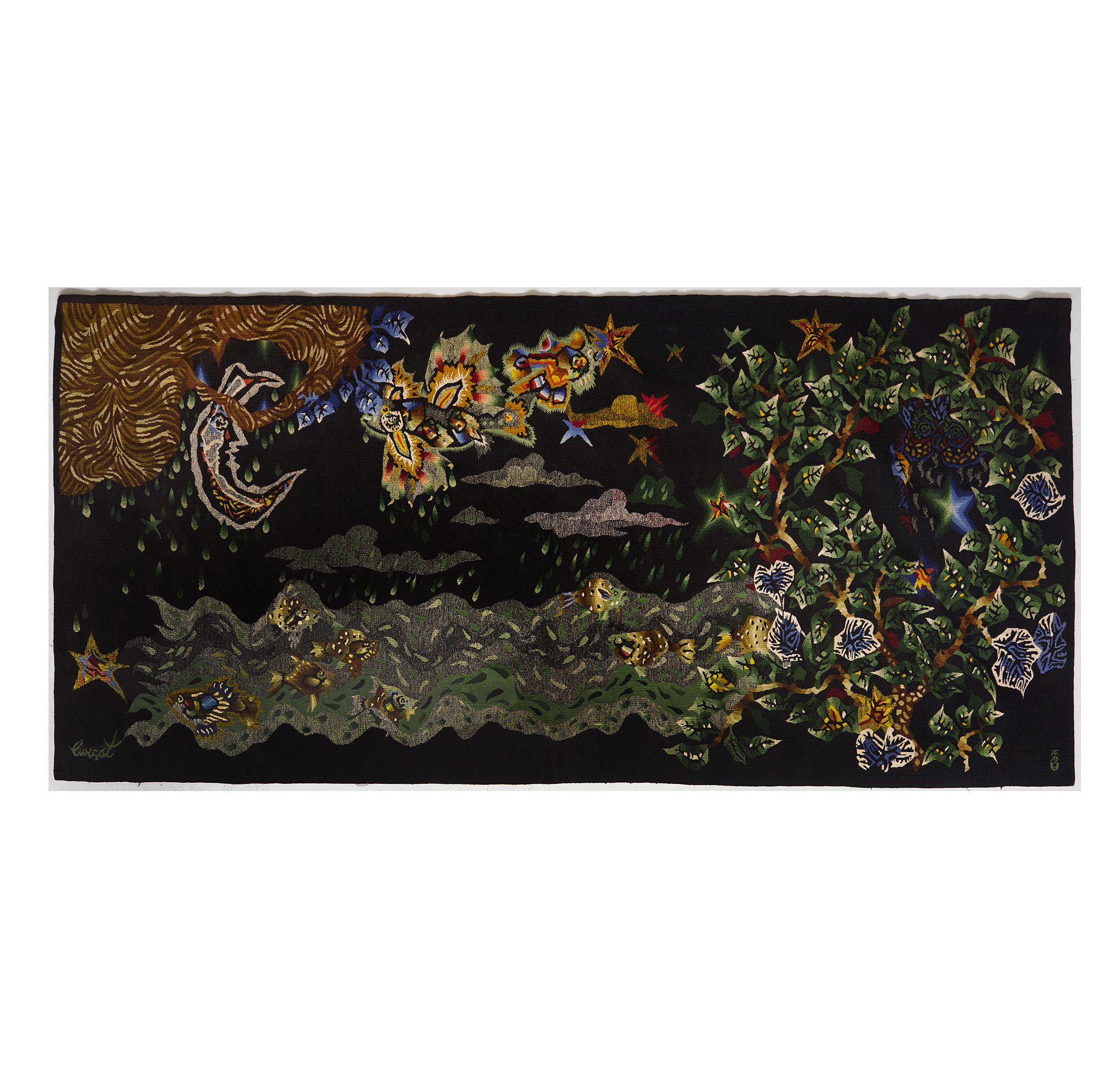 French Aubusson wool tapestry « Poisson volant » by Jean Lurçat, Ed. Tabard 1950’s – Espacemoderne
