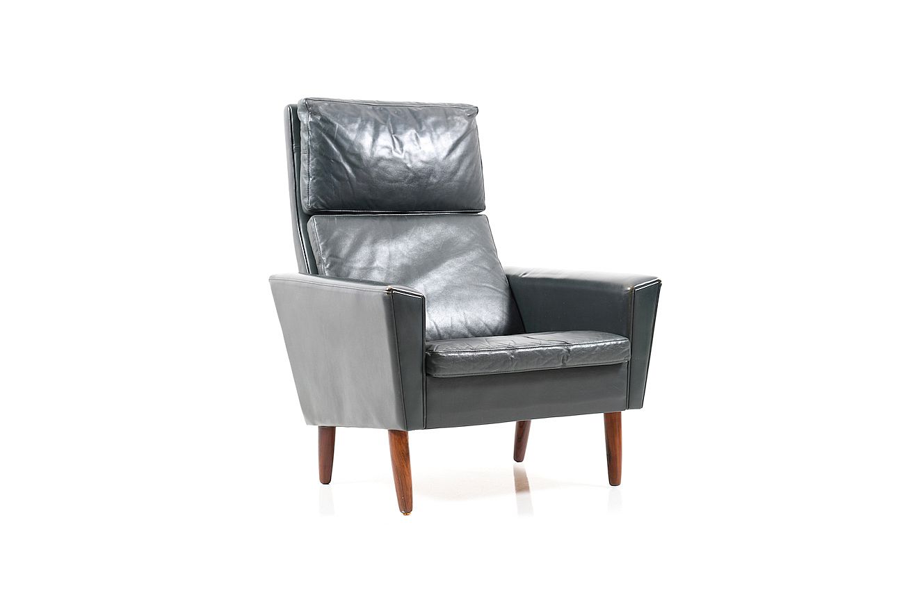 Danish Dark Green Leather Lounge Chair