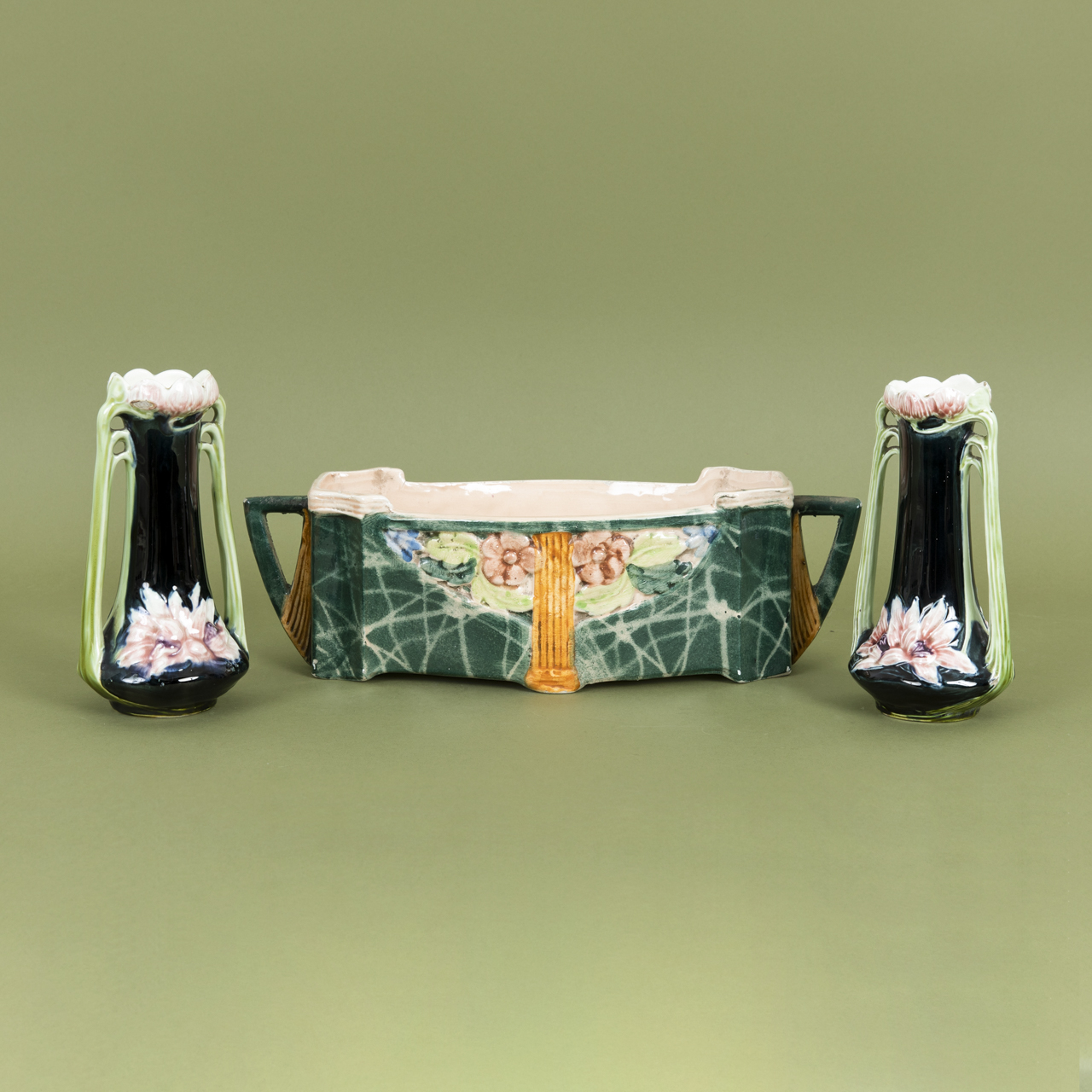 Pair of Art Nouveau Vases and Cachepot