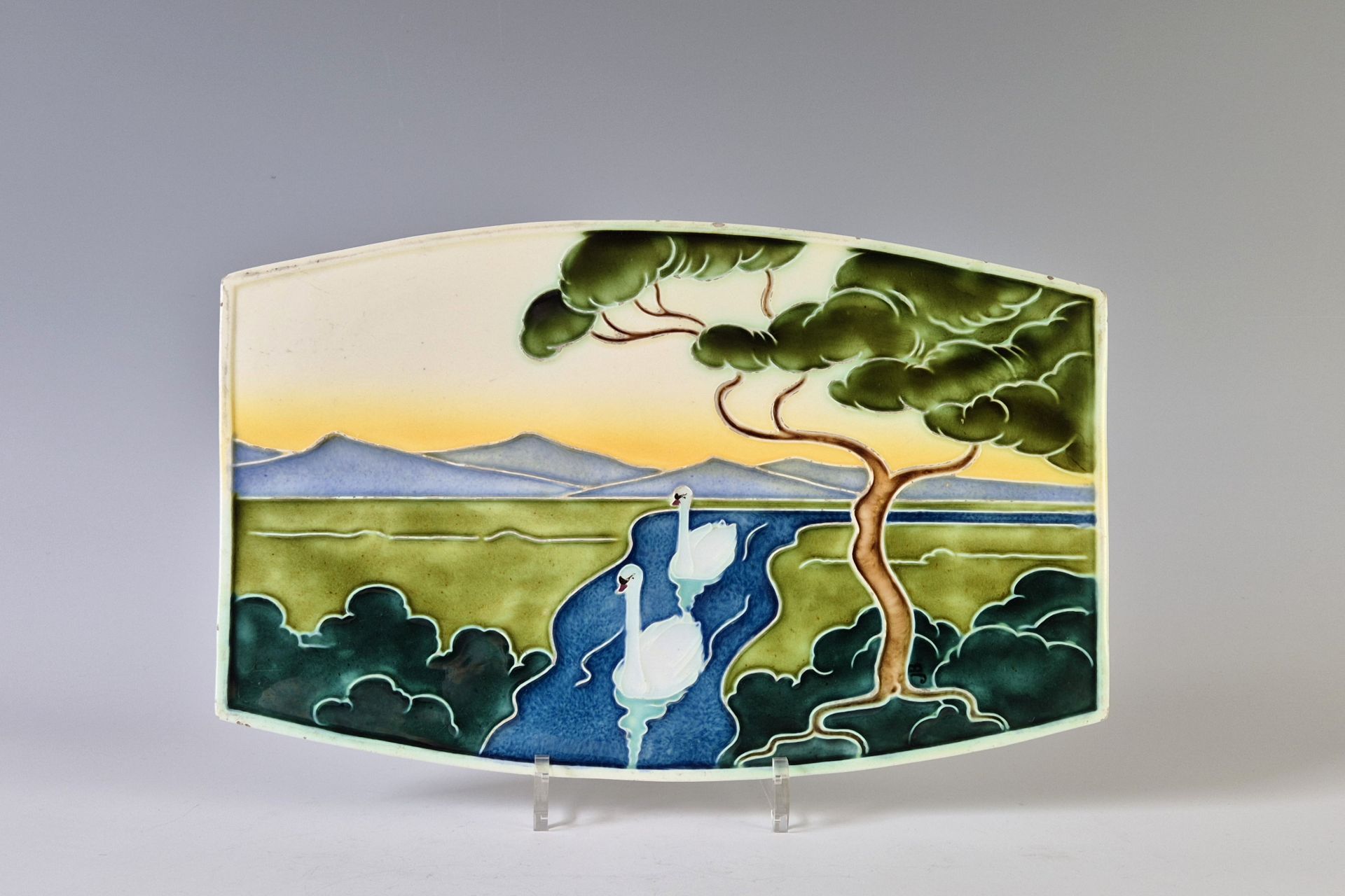 Jugendstil Tile with Swan Landscape