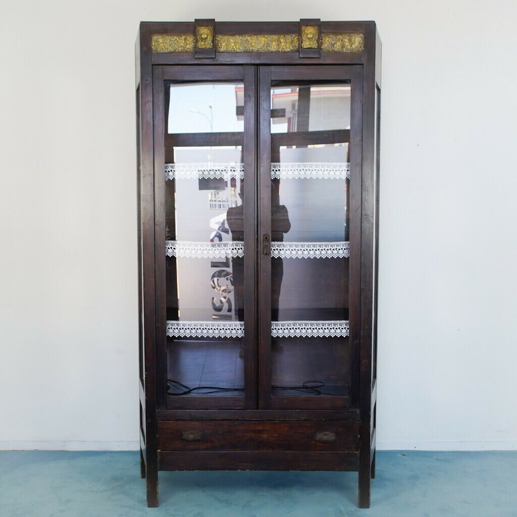 Antique wood and brass display cabinet
