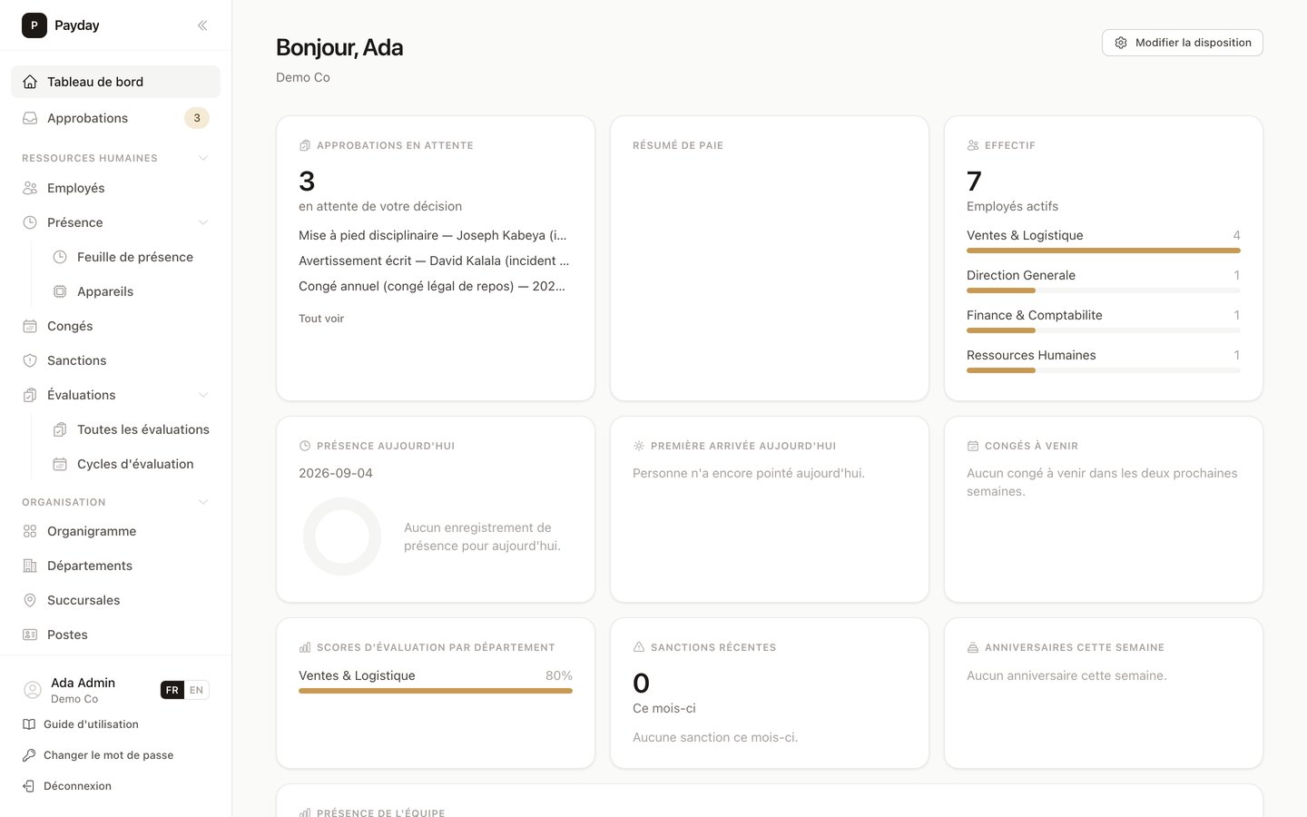 Tableau de bord Payday