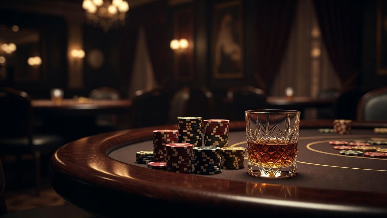 A luxurious casino poker table setting in soft warm lighting, showing stacked high-value chips next to a crystal glass of whiskey on wood trim, blurred elegant casino background, dramatic cinematic tone.