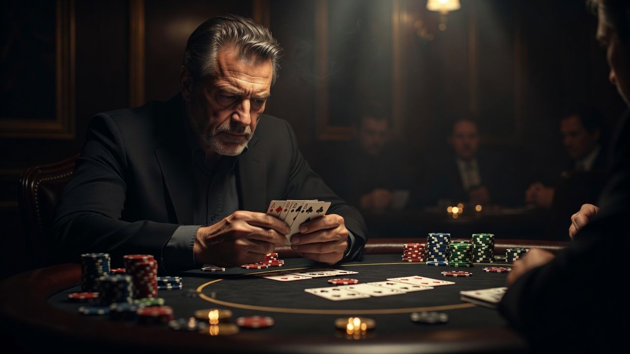 A dramatic close-up of a poker player sitting at an exclusive dark poker table, holding <span class="glossary-term-inline" data-glossary-term="Hole Cards" data-glossary-def="Le tue due carte coperte.">hole cards</span> tightly under warm spotlights, polished chips reflecting cinematic light, intense moody atmospheric feel.