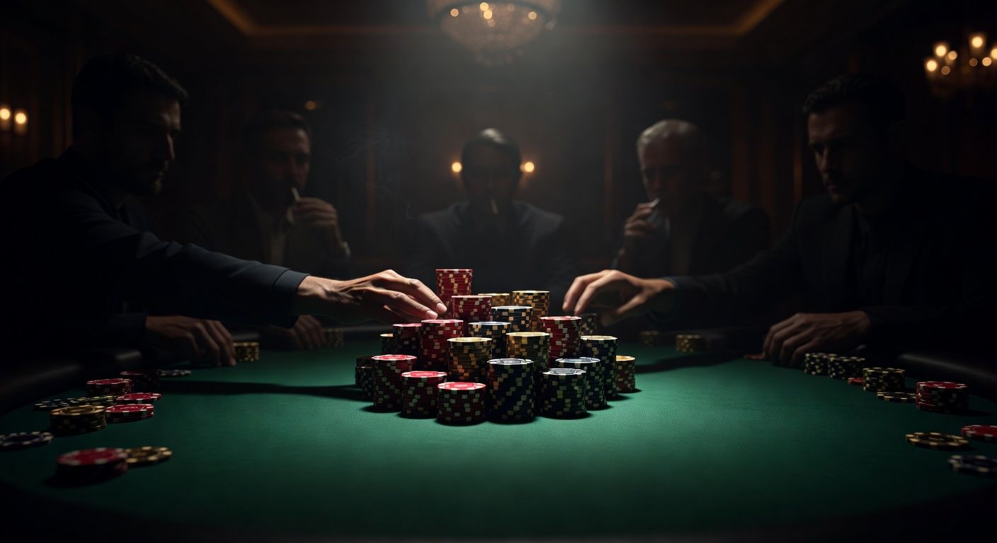 A cinematic, high-end poker table scene showing a multiway pot. Multiple stacks of premium clay chips are pushed toward the center of a pristine green felt table. Dramatic, moody lighting highlights the tension of the game, with blurred silhouettes of players in the background. Luxury casino atmosphere, no text, no logos.