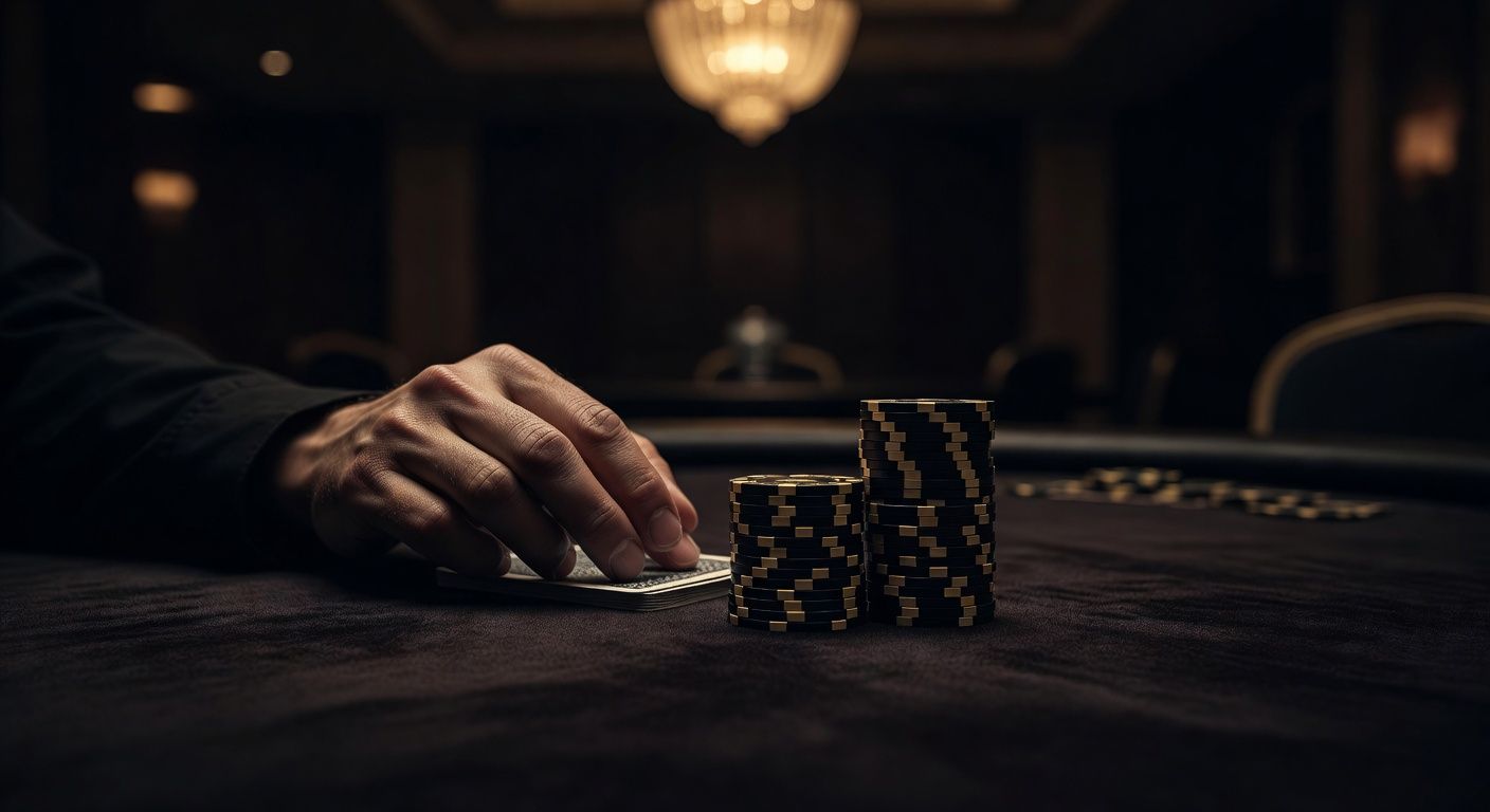 A close-up shot of a player's hands elegantly holding two <span class="glossary-term-inline" data-glossary-term="Hole Cards" data-glossary-def="Le tue due carte coperte.">hole cards</span> face down on a luxurious dark poker felt. Next to the cards is a perfectly aligned, small stack of high-denomination casino chips, symbolizing calculated precision and discipline. Soft, warm overhead lighting, elegant and sophisticated style, no text, no logos.