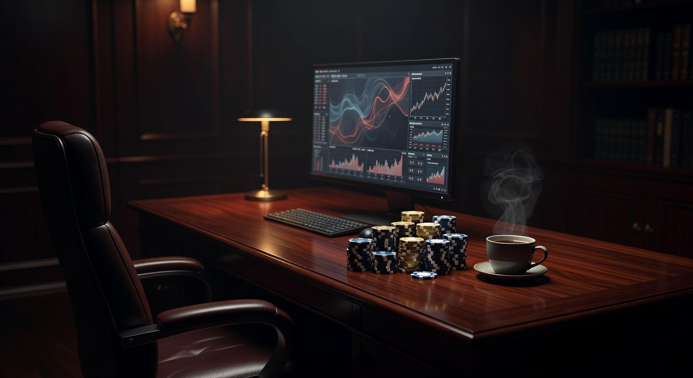 A luxurious, dimly lit poker study room. A pristine mahogany desk with a high-end computer setup displaying abstract poker charts, an elegant leather chair, and a neat stack of premium ceramic poker chips next to a cup of steaming black coffee. Cinematic lighting, moody atmosphere, no text or logos.